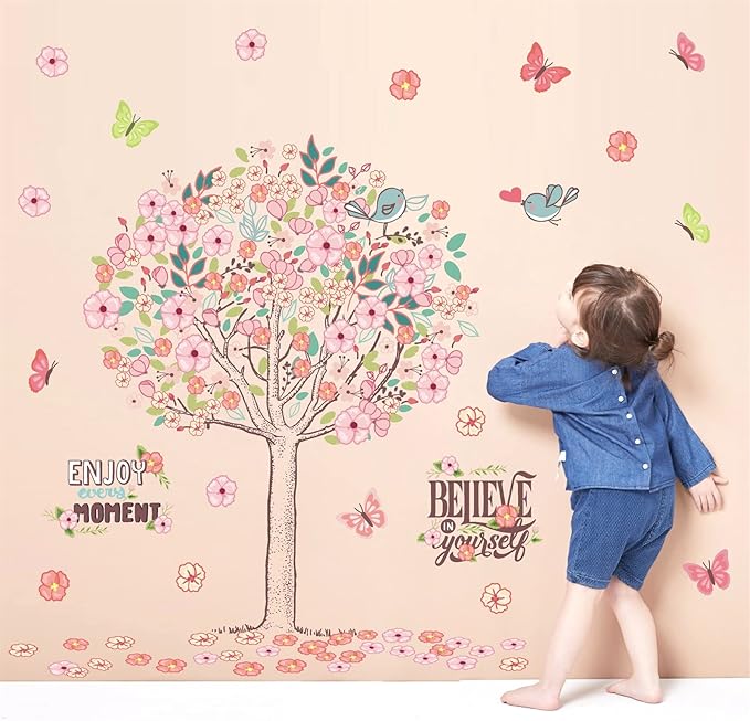 Large Pink Flowers Tree Wall Decals Spring Tree Wall Stickers Baby Girls Room Decor Believe Inspirational Quotes Wall Decals Peel and Stick Cherry Blossom Decals for Bedroom Nursery Living Room Decor