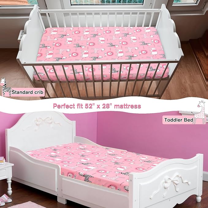 JISEN Baby Crib Sheets Soft Breathable Pink Fitted Crib Sheets Baby Sheet for Standard Crib and Toddler Mattress Baby Bed Sheets for Crib for Baby Boys Girls Neutral 52x28 Inch Elephant