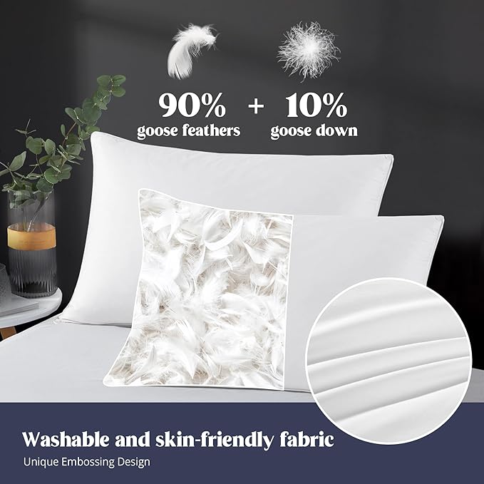 puredown® Goose Feather Down Pillows, 100% Cotton Cover White Bed Pillows Queen Size Set of 2, Hotel Collection for Bedroom Sleeping (20 x 30, 2 Pack)