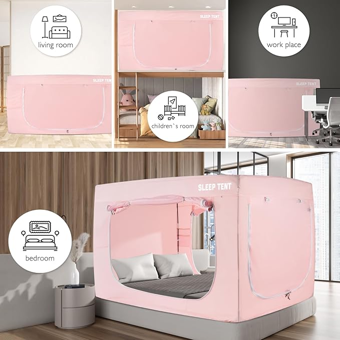 BORNA Bed Tent Full Bed Canopy for Indoor Portable Light Reducing Sleeping Canopy for Kids and Adult,Bunk Blackout Tents Breathable Privacy Space Tent Mosquito Netting for Bed(Macaron Pink)