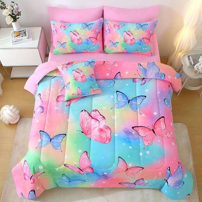 JQinHome 8 Pc Butterfly Comforter Set Full, 3D Rainbow Butterfly Bedding Set for Girls Women,All Season Microfiber Butterfly Design Bedding Collection with Pillowcase, Flat & Fitted Sheet(Rainbow)