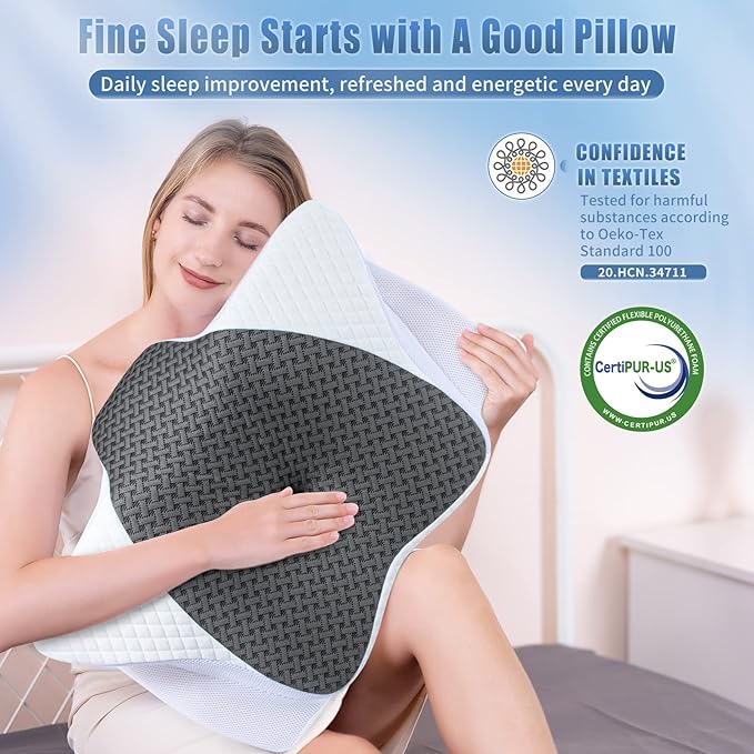 SAHEYER Cervical Pillow for Neck and Shoulder Pain Relief, Odorless Contour Memory Foam Pillows for Sleeping, Ergonomic Orthopedic Support Bed Pillow for Side, Back and Stomach Sleepers, Grey
