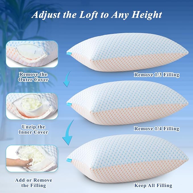 Cooling Pillows Standard Size Set of 2, Shredded Memory Foam Pillow Adjustable Bed Pillows Firm Pillow with Removable Washable Cover and Extra Filling Pack