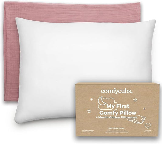 Comfy Cubs Toddler Pillow with Soft Muslin Pillowcase, 13"x18", Mauve - Kids Pillow for Sleeping & Travel - Adorable & Comfortable Small Pillow - Kids Travel Pillow with Breathable Microfiber Fill