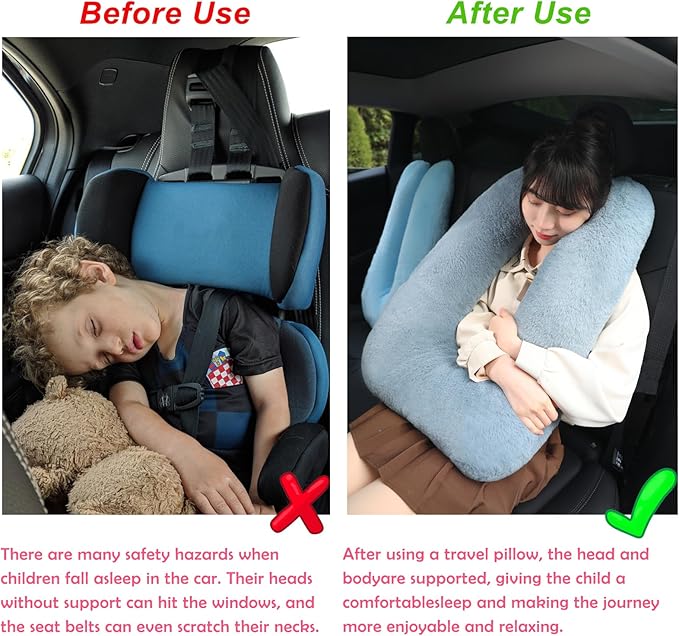 Kids Travel Pillow for Car Seat with Hand Muff, Cartoon Neck & Headrest Seat Belt Pillow for Car Road Trips Long-Distance Travel Sleeping Pillow for Adults and Children, Shark