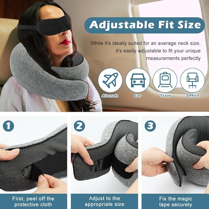 Travel Pillow Neck Pillows Pure Memory Foam Neck Pillow with 3D Eye Masks and Earplugs 360° Adjustable Full Surrounding Neck Pillows for Airplanes, Cars, Offices (Grey)