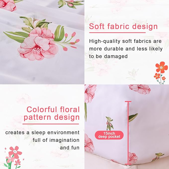 Queen Sheet Set White Pink Floral Bed Sheets Set Cute Soft Microfiber Cooling Sheets 4 Pieces Queen Size Bed Set Wrinkle Free, 15 inch Deep Pocket Fitted Sheet, Flat Sheet, Pillowcases