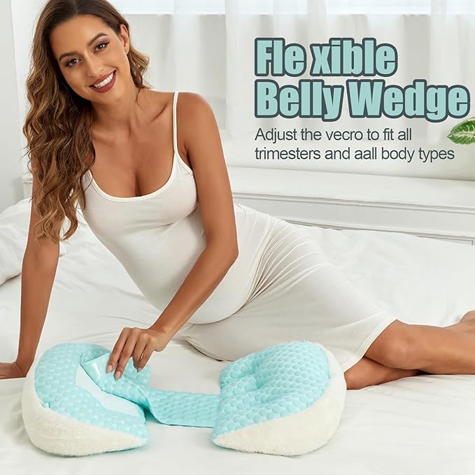 Pregnancy Pillows for Sleeping, Portable Maternity Pillow for Side Sleeper, Support for Back, Belly, HIPS for Pregnant Women, Adjustable Travel Pregnancy Pillow (Green Plush)