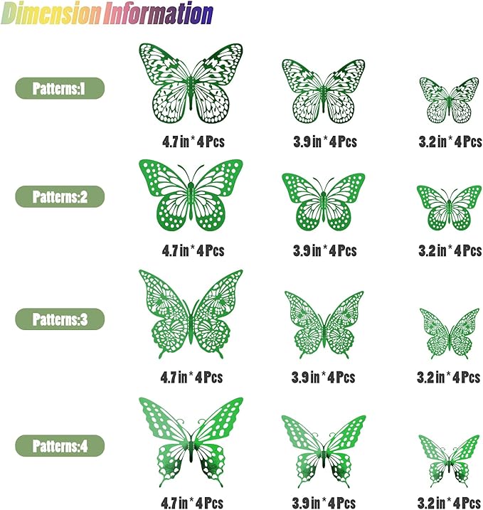 SAOROPEB 3D Butterfly Wall Decor 48 Pcs 4 Styles 3 Sizes, Green Butterfly Birthday Decorations Butterfly Party Decorations Butterfly Cake Decorations, Removable Stickers (Dark Green)