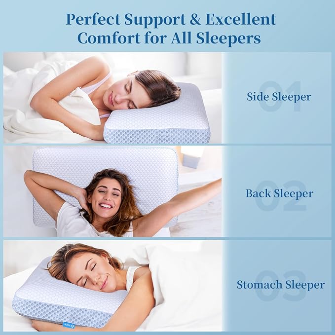 QUTOOL Memory Foam Pillows 2 Pack, Ventilated Bed Pillow with Cooling Washable Cover, Cervical Contour Pillow for Side Back Sleeper, Blue White