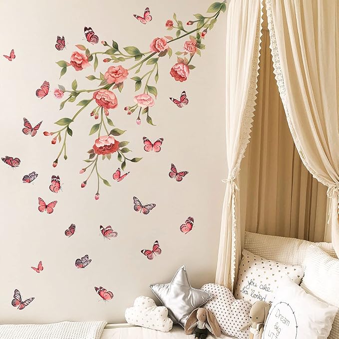 Pink Flowers Wall Decals Removable Butterflies Floral Flowerl Wall Stickers DIY Vinyl Self Adhesive Wall Mural for Nursery TV Background Kids Gilrs Rooms Bedroom Decoration