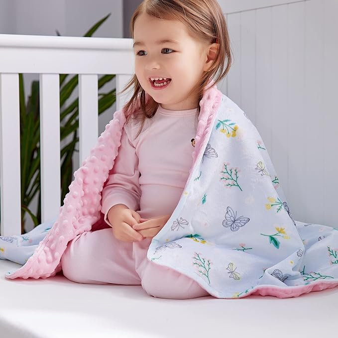 DaysU Silky Micro Soft Plush Baby Blankets for Girls with Print Floral Pattern and Soothing Raised Dots, Double Layer Bed Throws for Toddler Cot, Butterfly Floral, Mint Green, 50x60 Inches