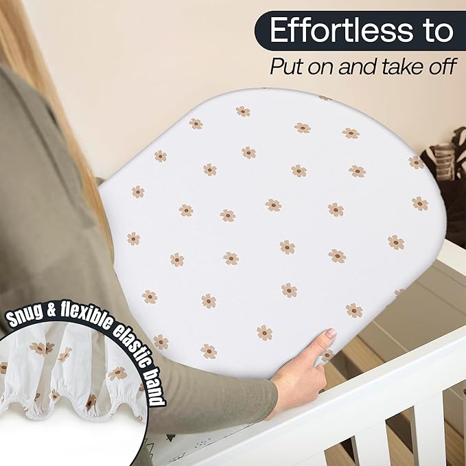 Bassinet Sheet, 100% Cotton Knitted Jersey, Fit Bassinet Crib Mattresses, Fitted Crib Sheets, Super Soft, Toddler Fitted Sheet, Unisex,2 Pack,Brown/Flowers, 17x32x4
