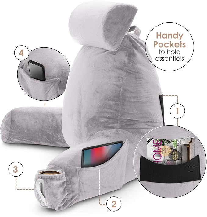 Nestl Reading Pillow Large Bed Pillow, Back Pillow for Sitting in Bed Shredded Memory Foam Chair Pillow, Reading & Bed Rest Pillows Grey Lavender Back Pillow for Bed, Bed Chair Arm Pillow with Pockets