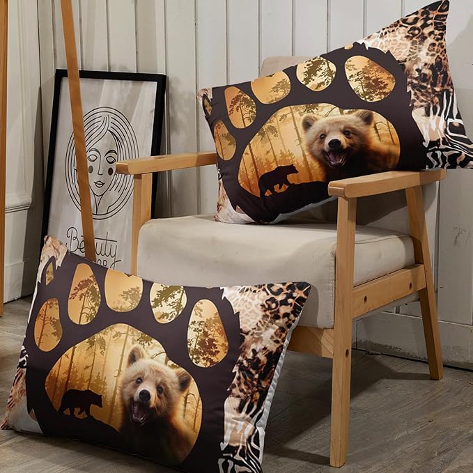 AILONEN Cute Bear Twin Fitted Sheet Set for Girls Boys, Bear Paw Sheet Leopard Print Fitted Sheet with 2 Pillowcases,3 Pieces Rustic Vintage Bear Bed Sheet Set