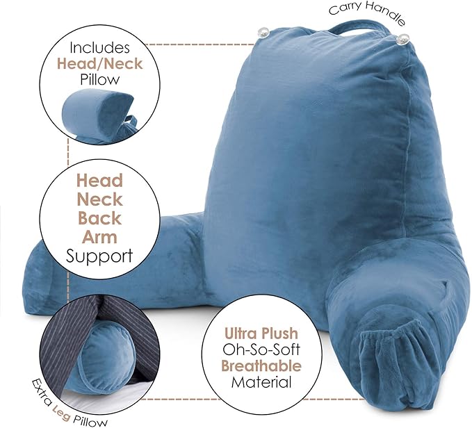Nestl Reading Pillow Large Bed Pillow, Back Pillow for Sitting in Bed Shredded Memory Foam Chair Pillow, Reading & Bed Rest Pillows Blue Heaven Back Pillow for Bed, Bed Chair Arm Pillow with Pockets