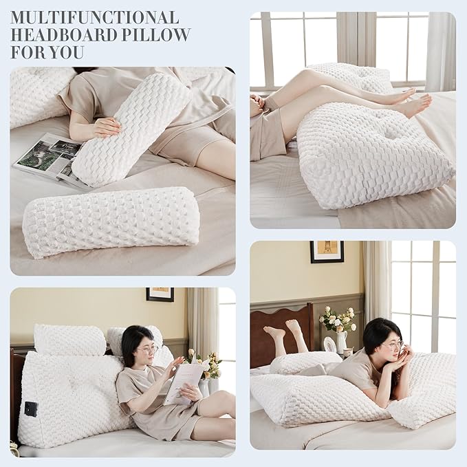 Wedge Headboard Pillow - Bed Wedge Pillow for Headboard Triangular Headboard Pillow with Neck Roll Pillow-Large Bolster Pillow for Sitting in Bed Backrest Positioning Support (White,76x8x20 Inches)
