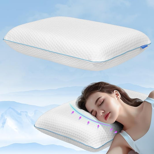 Memory Foam Pilllows for Sleeping, Soft Contour Pillow for Pain Relief, Bed Pillow for Side Back Stomach Sleepers，Cooling Pillow with Removable and Washable Cover, White