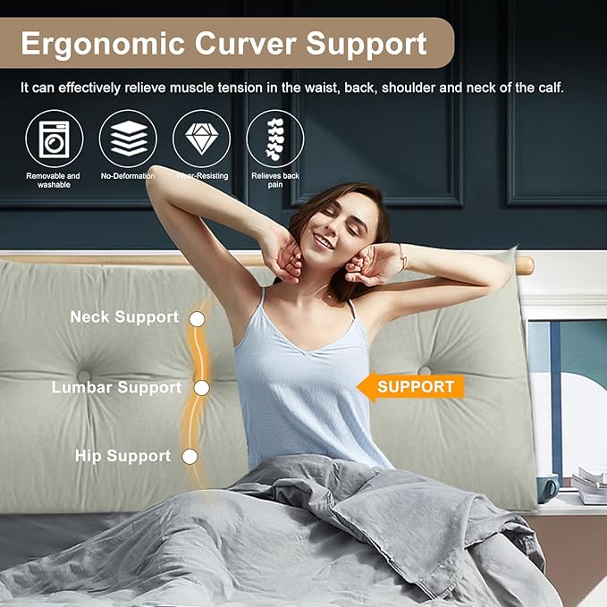 Large Triangular Headboard Pillows Long Backrest Positioning Support Bolster Cushion for Daybed Fluffy Quality Plush Body Wedge Pillow with Removable Cover(Dark grey-Cal King-71x8x20 in)