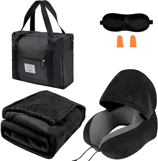 Travel Blanket Pillow Set - Travel Neck Pillow & Blanket for Airplane, Thick Fleece Traval Blanket, Hooded Memory Foam Neck Pillow, Foldable Duffel Bag, Sleep Mask, Earplugs for Plane Travel, Black