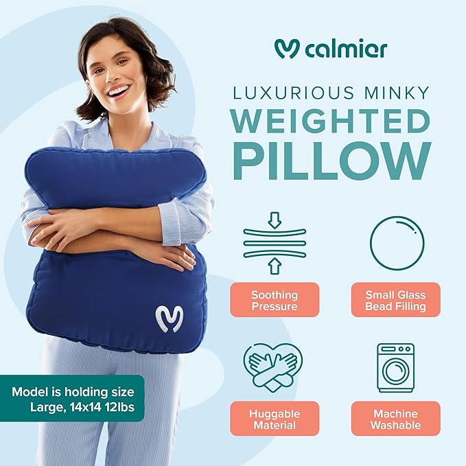 Calmier - 12 lb Sensory Weighted Pillow - Glass Bead Filled Hug Pillow - Ultra Plush Cozy Weighted Pillows for Adults and Kids - Child Sensory Pillow - Weighted Lap Pad (Blue - Minky, 12 LBS)