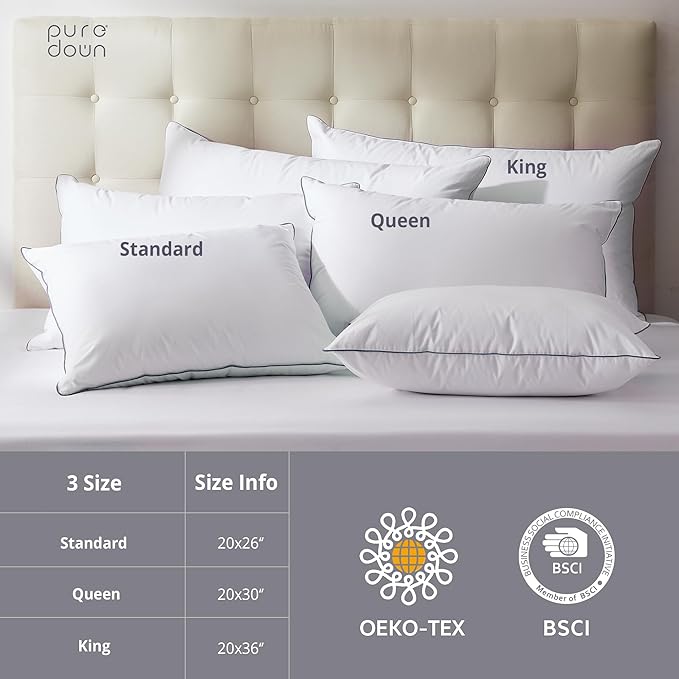 puredown® Goose Feathers and Polyester Fiber Pillows, Made in USA, Premium Medium to Firm Sleeping Pillows, Hotel Collection Pillows with Cotton Cover, 2 Pack, Queen Size, 20x30 Inches