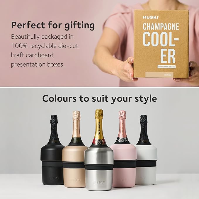 Huski Champagne Chiller | NEW | Award-Winning Iceless Design with Detachable Bottle Stopper | Keeps Wine Cold up to 6 Hours | Fits most 750ml Champagne, Prosecco & Sparkling Wine Bottles (White)