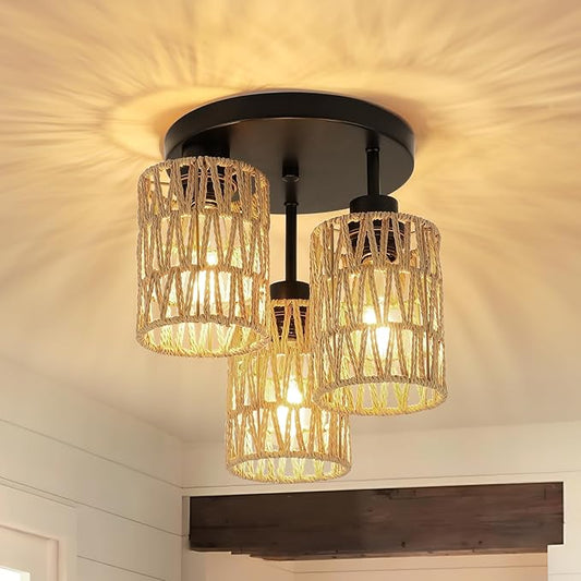 Boho Light Fixtures Ceiling Mount, 3-Light Boho Flush Mount Ceiling Light, Rattan Woven Chandelier Lighting for Farmhouse Bedroom Hallway Entryway Kitchen Nursery