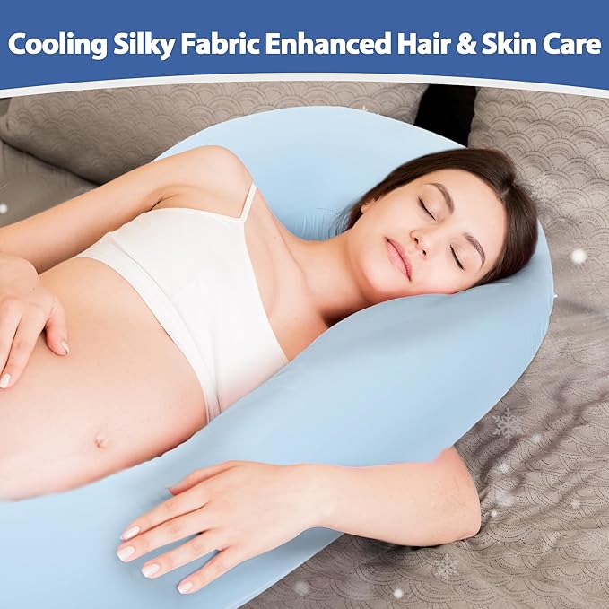 Cooling Pregnancy Pillow Cover (ONLY Pillowcase), Q-Max 0.4 C Shaped Luxurious Smooth Maternity Pillow Cover with Hidden Zip, Cool Large Pillow Protector for Side Hot Sleeper, Blue, 60x34 in