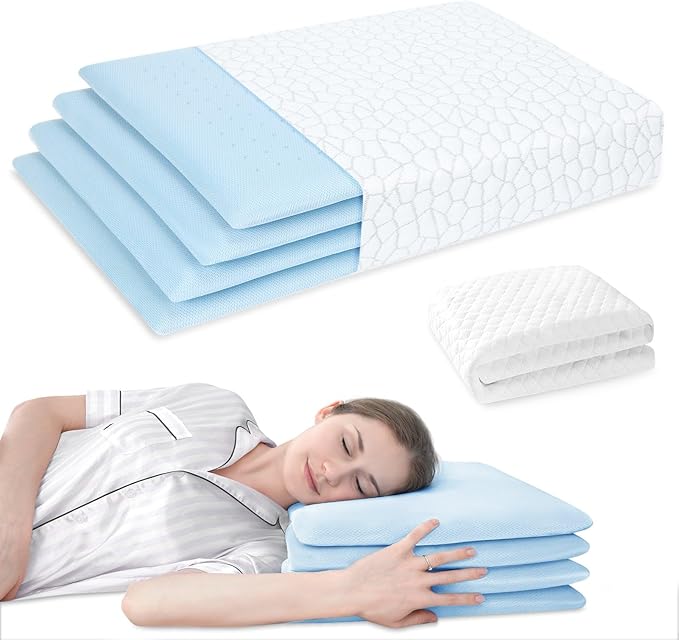 Cervical Neck Thin Pillow Flat Firm Memory Foam Adjustable Pillows from 1.3 to 5.2inch for Stomach Side Back Sleeper with 2 Pillowcases (White+Basics)
