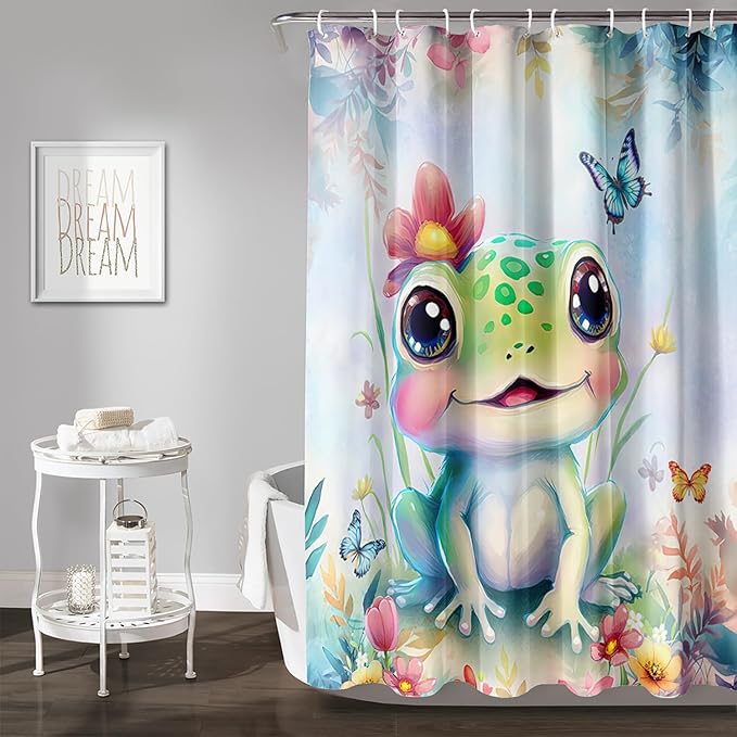 AILONEN Cartoon Frog Shower Curtain,Kawaii Frog Waterproof Fabric Bath Curtain for Kids Girls,Watercolor Blue Flower with Butterfly Shower Curtain Set for Bathroom with Hooks,72" W*96" H