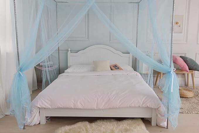 Bed Canopy, Princess Bed Curtain Net for Girls & Adults, Three-Doors Rectangular Lace Dome Netting (Blue, King)