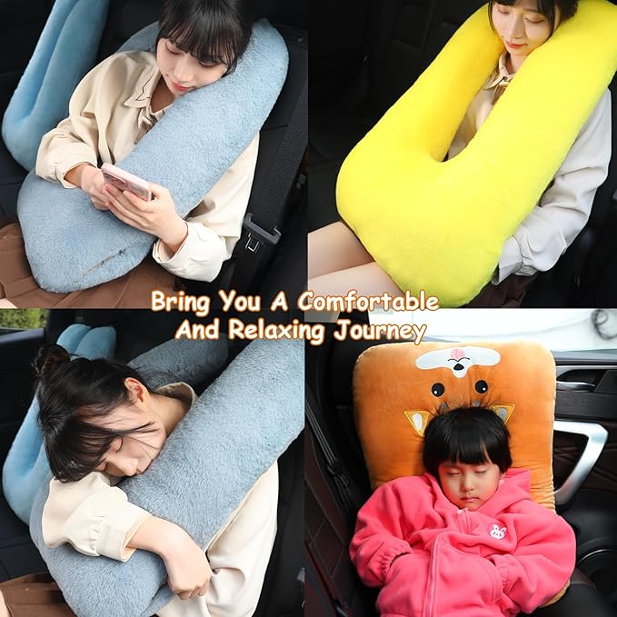 Kids Travel Pillow for Car Seat with Hand Muff, Cartoon Neck & Headrest Seat Belt Pillow for Car Road Trips Long-Distance Travel Sleeping Pillow for Adults and Children, Black