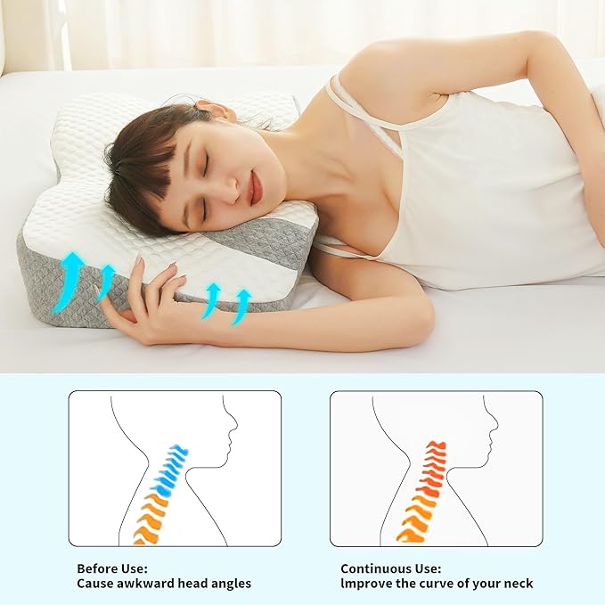 Cervical Neck Pillow for Pain Relief, Contour Memory Foam Pillows for Sleeping, Ergonomic Neck Support Pillow for Shoulder, Suitable for Side Back Stomach Sleepers with Cooling Pillowcase