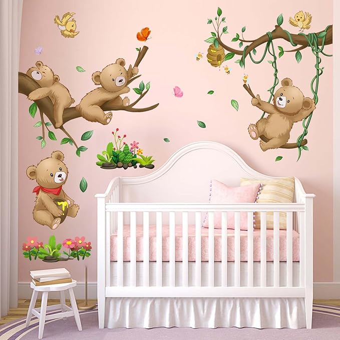 Woodland Bear Wall Stickers - Baby Animal Tree Branch Wall Decals - Nursery Kids Girls Boys Room Daycare Playroom Classroom Wall Decor
