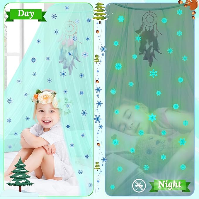 South to East Bed Canopy for Girls with Glowing Snow in The Dark, Cyan Princess Bed Curtains for Kids Bed & Toddler Bed, Twin, Full & Queen Bed, Mosquito Net Canopy for Girls Bedroom