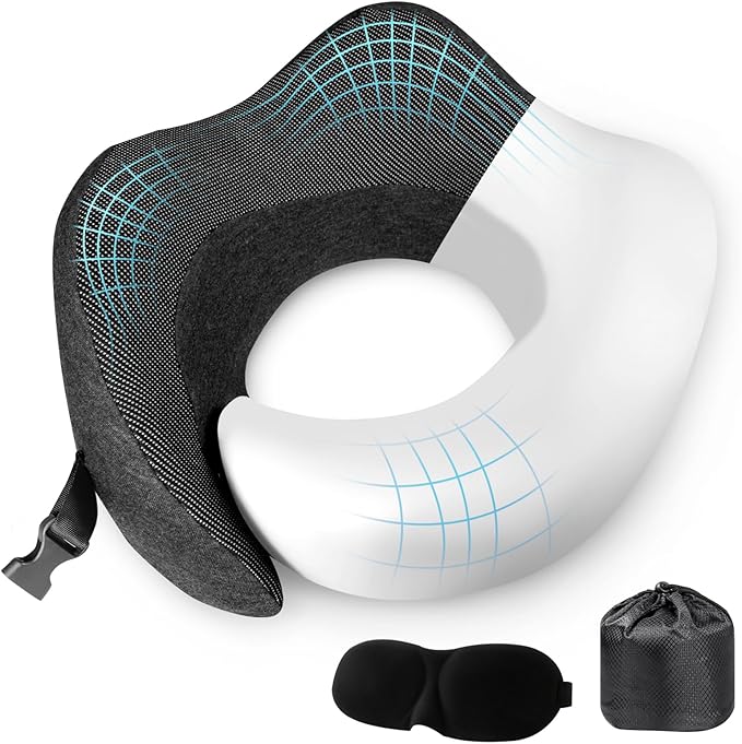PORTHOLIC 2024 Upgraded Travel Neck Pillow with Buckle,100% Pure Memory Foam Travel Neck Pillow for Airplane Travel Flight Headrest Sleep, Portable Plane Accessories(Dark Grey)
