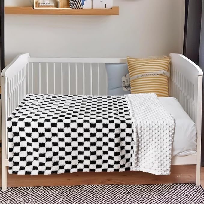 Soft Checkered Baby Blankets for Unisex Girls or Boys Breathable Gender Neutral Nursery Double Layer Blankets with Dotted Backing for Newborn Toddlers (30” X 40”)