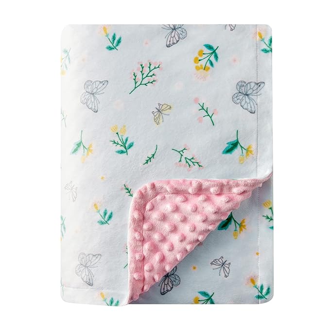 DaysU Silky Micro Soft Plush Baby Blankets for Girls with Print Floral Pattern and Soothing Raised Dots, Double Layer Bed Throws for Toddler Cot, Butterfly Floral, Mint Green, 50x60 Inches