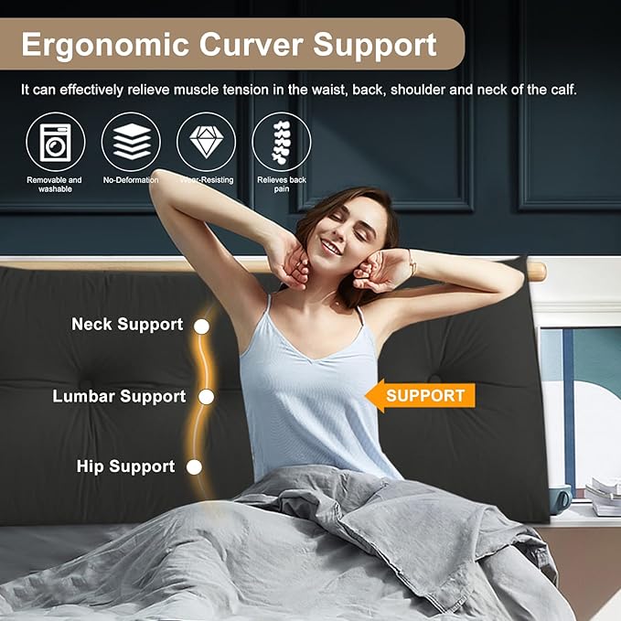 Large Triangular Headboard Pillows Long Backrest Positioning Support Bolster Cushion for Daybed Fluffy Quality Plush Body Wedge Pillow with Removable Cover(Black-King-76x8x20in)