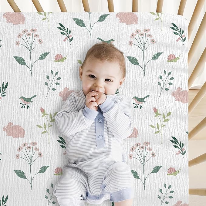 Muslin Crib Sheets, 2pk Neutral Fitted Baby Toddler Bed Sheets for Standard Crib Mattress & Toddler Bed Mattress, 28 x 52 inches, Pink Bunny