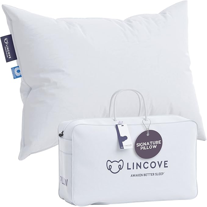 Lincove Signature 100% Natural Canadian White Down Luxury Sleeping Pillow - 800 Fill Power, 500 Thread Count Cotton Shell, Made in Canada, Queen - Firm, 1 Pack