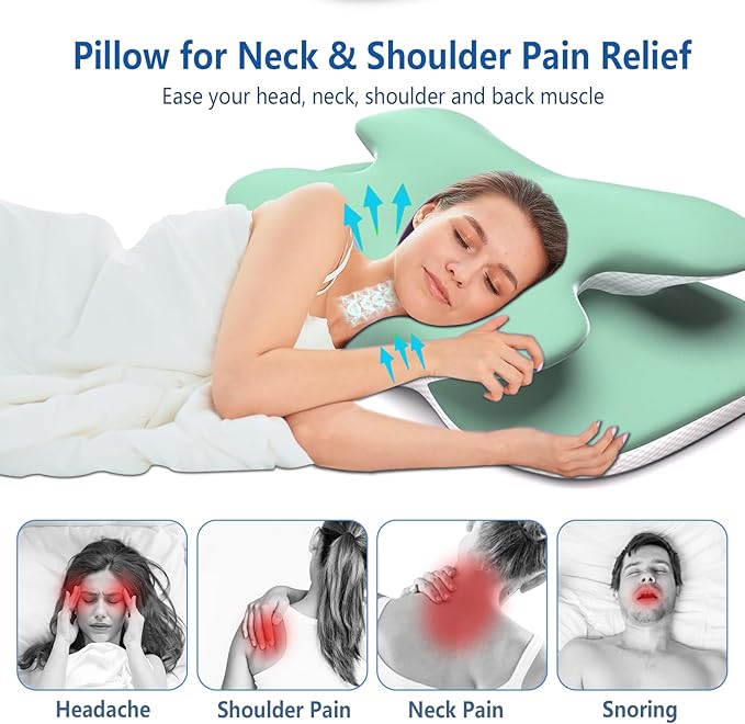 Cervical Neck Pillow for Pain Relief, Contour Memory Foam Pillow with Ice Silk Pillowcase, Neck Support Pillows, Ergonomic Orthopedic Pillow for Back, Side, Stomach Sleepers (Green)