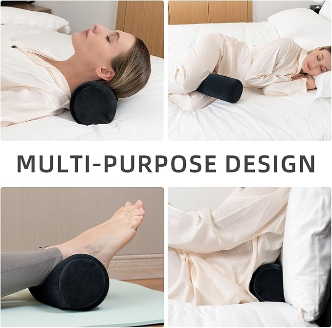 Cervical Neck Pillow Roll Memory Foam Support Round Pillows for Pain Relief Sleeping, Bed, Legs, Back and Yoga Black 17 x 4.5 Inches