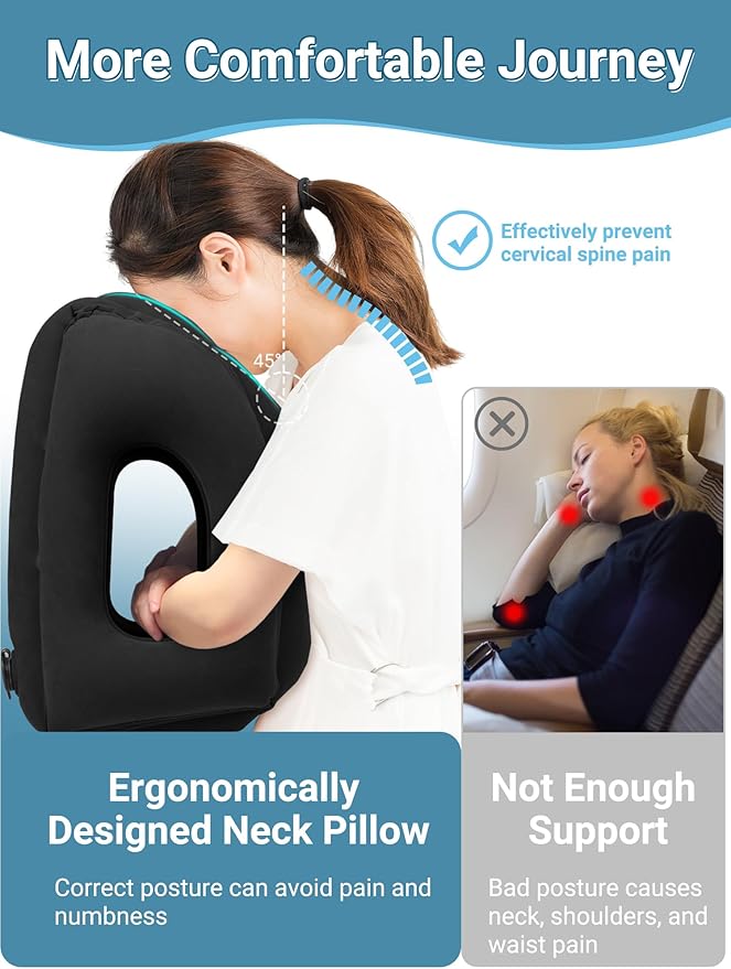 Maliton Inflatable Travel Pillow for Airplane Comfortable Sleeping to Relieve Neck and Shoulder Pain, Support Head Inflatable Pillow for Long Flights, Used for Airplanes, Cars, Trains, Office(Black)