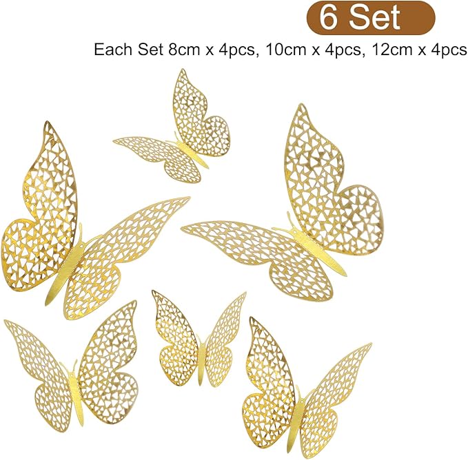 uxcell 72Pcs 3D Beautiful Butterfly Removable DIY Wall Stickers for Birthday Party Decorations Cake Decorations, Gold