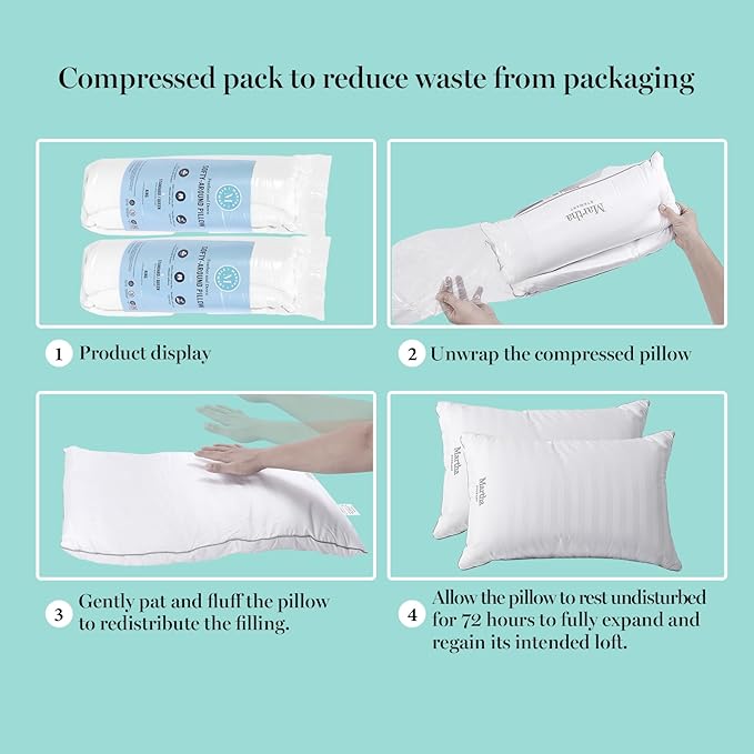 MARTHA STEWART Hotel Collection Meidum Soft Feather Down Pillows 100% Cotton 500 Thread Count Damask Stripe Embroidered, Queen Size Set of 2, White 2