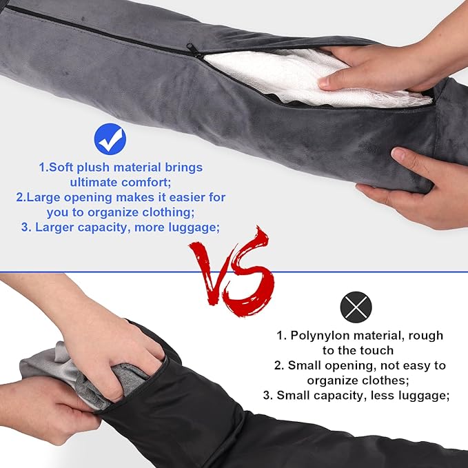 Travel Pillow Stuffable with Clothes, 7.3x31.5in Soft Plush Extra Luggage Airplane Fillable Storage Bag Transformable Neck Body Case Cover, Only Travel Pillowcase, No Filler (Gray)