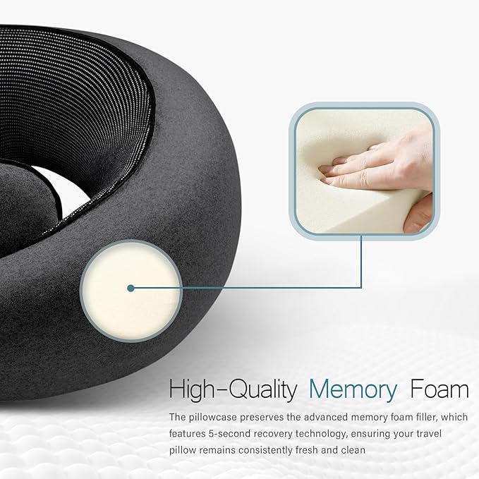 PORTHOLIC 2024 Upgraded Travel Neck Pillow with Buckle,100% Pure Memory Foam Travel Neck Pillow for Airplane Travel Flight Headrest Sleep, Portable Plane Accessories (Black)