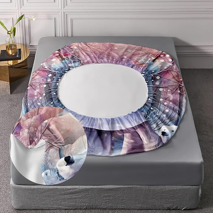 AILONEN Polar Bear Fitted Sheet Set Full Size, Arctic Animals Bedding Winter Snow Bear Kawaii Kids Bed Sheet with 2 Pillowcases,3 Pieces Full Fitted Sheet Set for Girls Boys